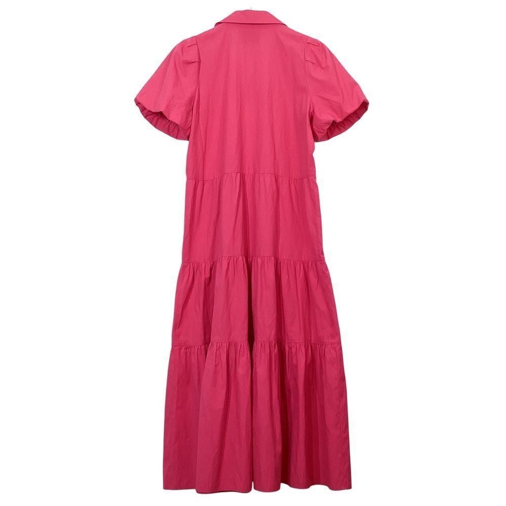 BROCHU WALKER Havana Dress M Hot Pink Tiered Midi Shirtdress Puff Sleeve - Picture 6 of 11